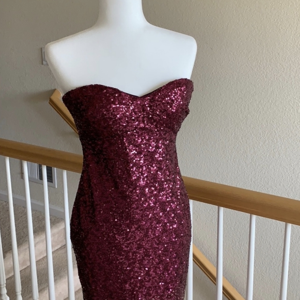 EUC Jump Apparel Burgundy Gold Ombre Sequin Strapless Dress Sz 5/6 - Picture 2 of 8